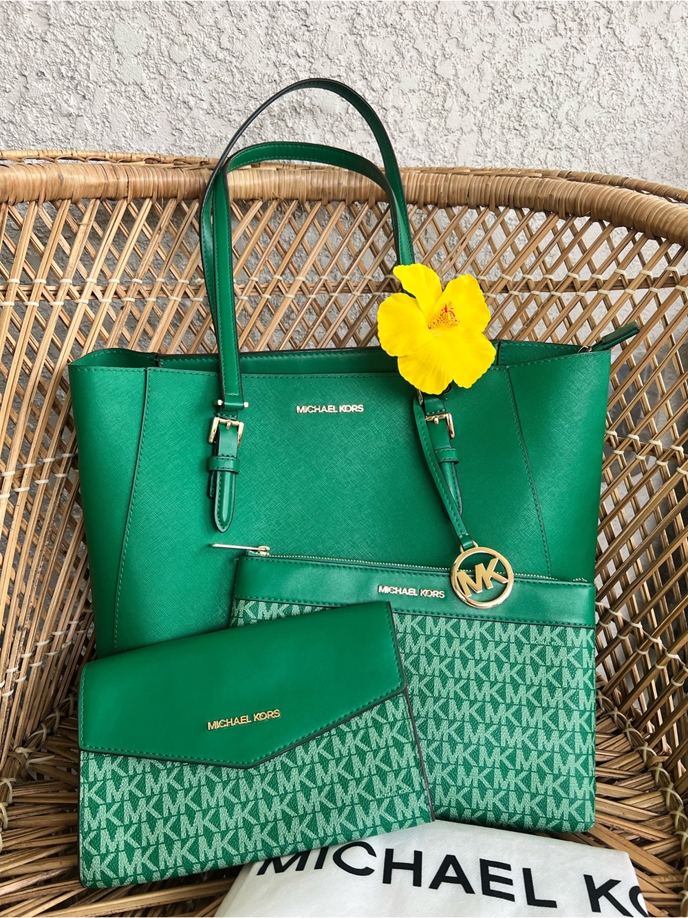 Michael Kors Emerald Green Saffiano Tote with Gold Hardware